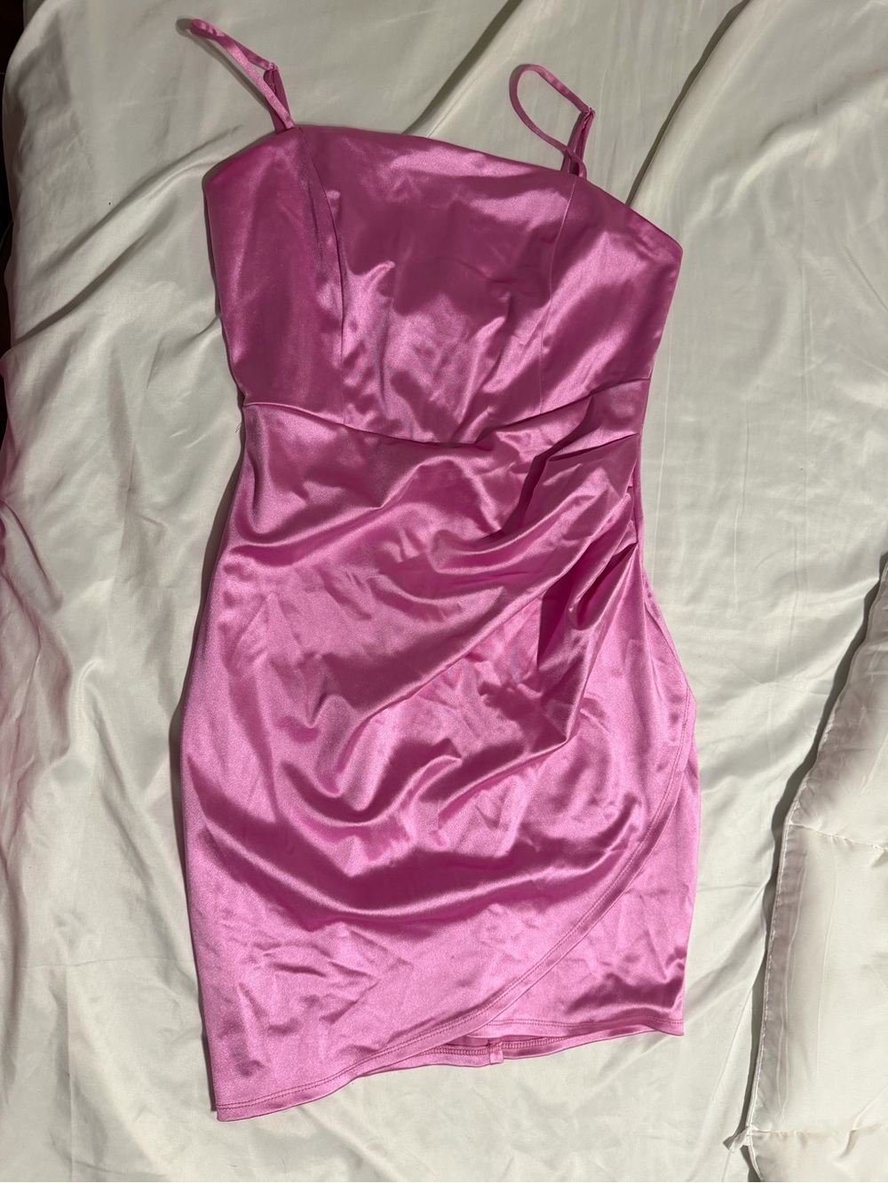 Satin Spaghetti-Strap Mini Dress in Hot Pink